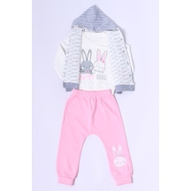 Kız Bebek Yelekli Takım Kapşonlu Çıtçıtlı Tavşan Baskılı A15 Pembe