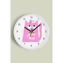 Kahve Içen Kedi Tasarım Modern Duvar Saati - Çocuk Odası Duvar Saati - 35cm - Önü Camlı Beyaz Kasa Beyaz