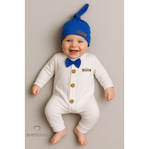 Babyden's Mini Boss Erkek Bebek Papyonlu Şapkalı Tulum Seti %100 Pamuk Hastane Çıkışı Saks Mavi