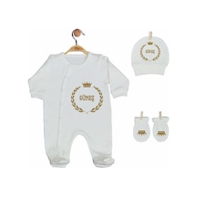 Pia Baby Gl 2007 İsme Özel Taçlı Üçlü Bebek Tulum Set Krem