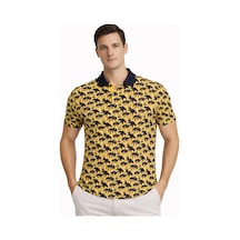 Erkek Pike Kumaş Polo Yaka Palmiye Desenli Tişört Kısa Kol Yazlık T-shirt - Sarı