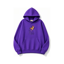 Herkesemoda Portre Ve Kelebek Baskılı Kapüşonlu 2 İplik Şardonlu Sweatshirt Mor