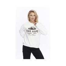 Gidia Kadife The Alps Desenli Ekru Yumuşak Dokulu Regular Fit Bisiklet Yaka Kadın Sweatshirt Ekru