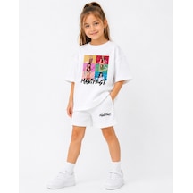 Fasardi Manifest Girls M6nifestgirls Baskılı Oversize Pamuk Tişört Şort 2'li Çocuk Takım Beyaz