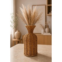 Doğal El Yapımı Rattan Vazo Dekoratif Hasır Vazo Bohem Salon Oturma Odası Masa Üstü Vazo 23 Cm Kahverengi