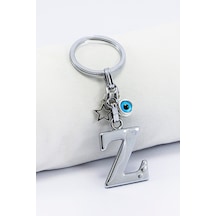 Gümüş Renkli Yıldızlı Nazar Boncuklu Metal Z Harfi Anahtarlık / H