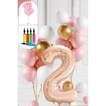 2 Yaş Balon Standlı Ve Pompalı Retro Gold Pembe Beyaz Balon Seti Rose Gold Rakamlı Süsleme Çok Renkli