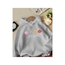 Herkesemoda Have A Good Day Baskı Detaylı İçi Polarlı Kapüşonlu Sweatshirt Gri