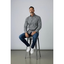 Klasik  Cotton Uzun Kollu Terletmeyen Kışlık 2 Renkli Çizgili Gömlek Slim Fit Antrasit