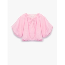Koton Yuvarlak Bağcıklı Yaka Balon Kollu Crop Bluz Pembe 6sak60291ew Gül
