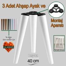 3 Adet Ahşap Ayak 40 Cm Beyaz M8 Civatalı Bağlantı Aparatlı Mobilya Tabure Sehpa Masa Destek Ayağı Beyaz