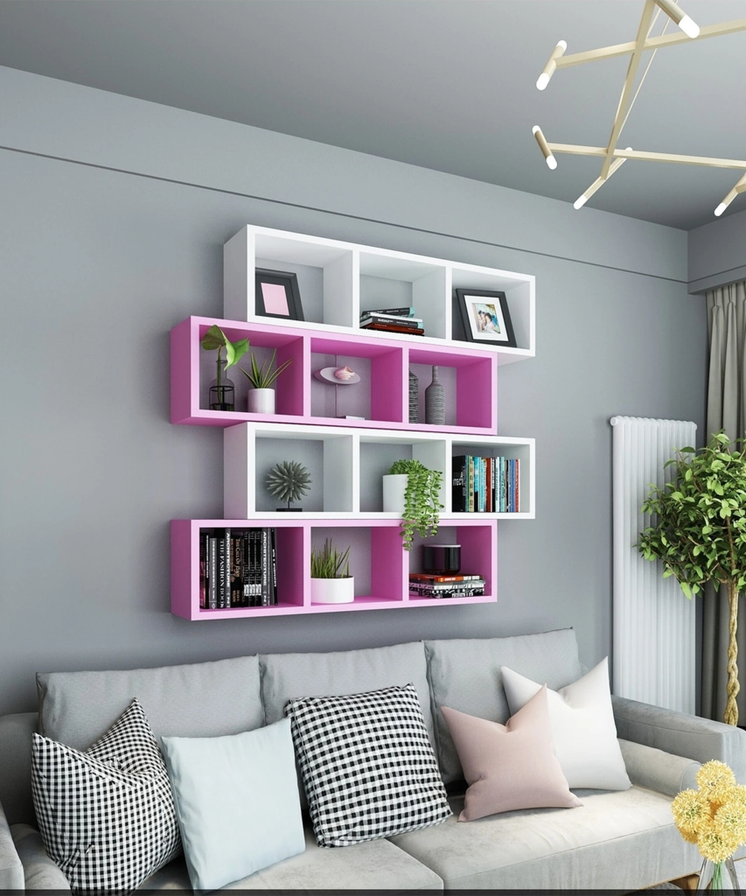 Kitaplık Lux Yatay Duvar Rafı Pembe Beyaz 4 Lü Takım Pembe Beyaz