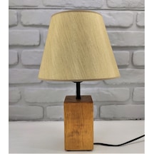 Teak Rengi Ahşap Kütük Ayaklı Kahve Gold Kumaş Şapkalı Abajur Kahverengi