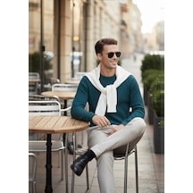 Deepsea Erkek Yeşil Rahat Kalıp Çizgi Dokulu Triko Kazak Şık & Modern Tasarım 2605432 Yeşil