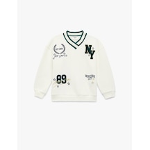 Koton Nakış Detaylı Uzun Kollu V Yaka Sweatshirt Ekru 6skg10245ak Ekru