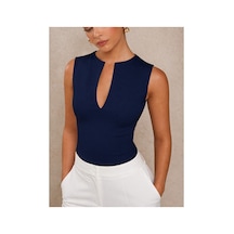 Cool Tarz Kadın V Yaka Dekolte Detaylı Kadın Atlet Şık, Fit Kesim, Esnek Kumaş Crop Bluz Lacivert Lacivert