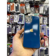 Apple Uyumlu iPhone 12 Pro Max Logolu Voit Parlak Kılıf Mavi Kenarlar Gold