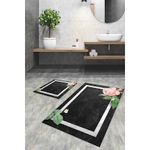 Füme Çiçek Desenli Banyo Halısı Klozet Paspas Seti Bs008n11