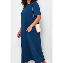Ersefa Moda Stil Relaxed Bisiklet Yaka Midi Boy Büyük Beden %100 Pamuk Ö Lacivert
