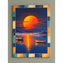 Renk Bloklu Eskitme Çerçeve Desenli Kızıl Günbatımı Ve Sandal Temalı Dekoratif Ahşap Tablo 52x72 Cm