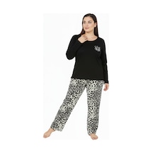 Bravie Üstü Yazılı Altı Leopar Desenli Elite Viscose Uzun Büyük Beden Pijama Takımı Siyah 3588 Siyah