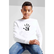 Tshirthane Kurukafa El Baskılı Unisex Çocuk Beyaz Sweatshirt Beyaz