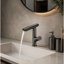 Antrasit Modern Tezgah Üstü 360 Döner Banyo Lavabo Bataryası Siyah