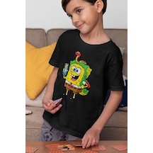 Sevbano Tasarım Süngerbob Baskılı Unisex Çizgi Film Çocuk Tişört 1-12 Ya Siyah