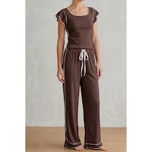 Fit Women Fırfır Detaylı Bürümcük Kumaşlı Kısa Kolu Pijama Takımı 6022 Kahverengi