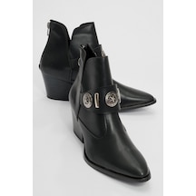 Luvishoes Luvi Shoes Kenda Siyah Cilt Arkadan Fermuarlı Tokalı Kadın Kalın Topuklu Bot Sıyah Cılt