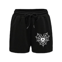 Spider Web & Heart Print Drawstring Waist Şort Siyah