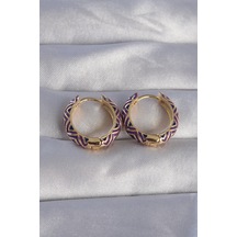 Ezoconcept Pirinç Gold Renk Mor Etnik Desenli Halka Küpe Çok Renkli