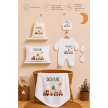 Pia Baby İsme Özel Hastane Çıkışı %100 Pamuk Erkek Bebek Organik Baskılı Tulum Set Keseli Hediyelik 2050tybk0x Krem