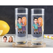 Kişiye Özel Renkli Baskılı Sevgililer Karikatürlü İkili Vodka Bardağı-80 Çok Renkli