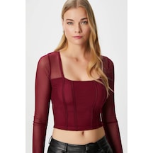 Ritnice Kadın Alina Korse Görünümlü Bordo Tül Crop Bluz Bordo