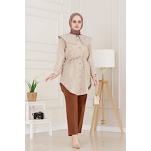 Sevitli Beli Bağcık Detaylı Geniş Yaka Tunik-vizon-4987 Vizon