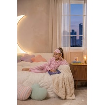 Ahengim Kız-erkek Çocuk Çizgili Kalpli Puantiyeli Desenli Pamuklu Pijama Takımı Göz Bantlı 3 Lü Set Ak2610 Pembe