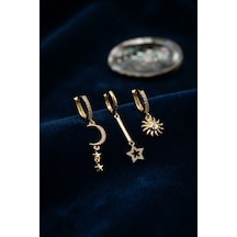 3 Lü Set Ay Yıldız Ve Güneş Model Gold Renk Kadın Küpe çok renkli