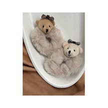 Peluş Ayıcıklı 2li Simit Saç Lastiği - Teddy Bear Puffy Buckle Aksesuarlı Lastik Toka Bej