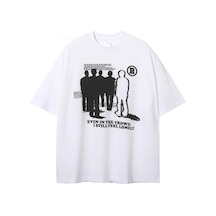 Flood Of Style Beyaz Lonely Baskılı Bisiklet Yaka Oversize Erkek Tişört