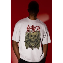 Slayer Rock Metal Müzik Grubu Ön Baskılı Unisex Oversize Tişört Beyaz