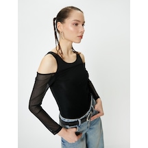 Koton Çift Kumaş Kullanımlı Tül Tişört Uzun Kollu Slim Fit Siyah 4sal10568ık Siyah