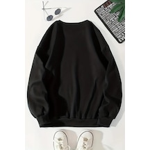Unisex Siyah Minimal Think Baskılı Bisiklet Yaka Sweatshirt- Kışlık Şardonlu Kumaş Siyah