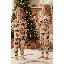 Bunny Hopp %100 Pamuk Interlok Kız Ve Erkek Çocuk Yılbaşı Pijaması Ekru Kış Ormanı Temalı Pijama Takımı