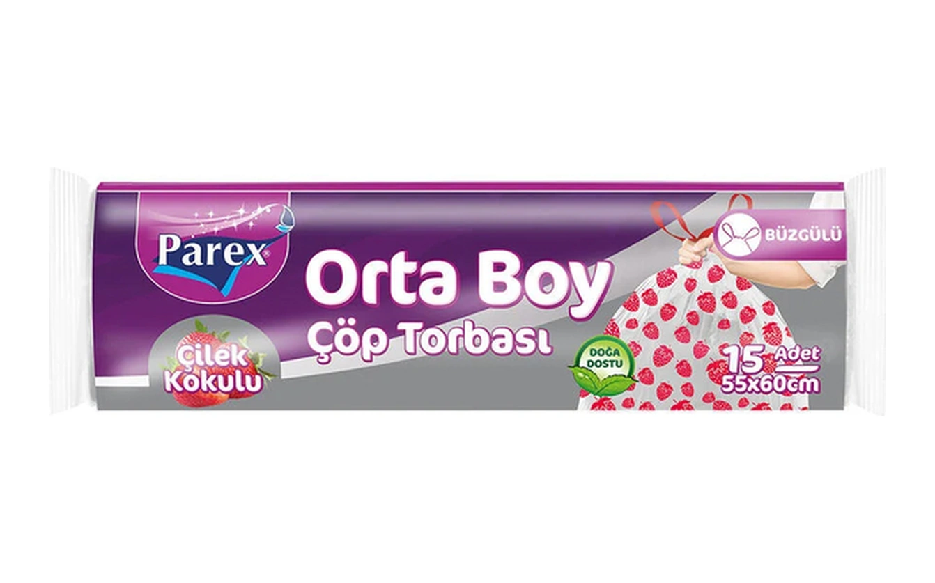 Premium Büzgülü Çöp Torbası Çilek Kokulu Orta Boy 15'li 55 X 60 Cm