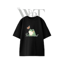 Thewert Frog Butterfly Tasarım Baskılı Ünisex Siyah Oversize T-shirt
