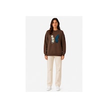 Herkesemoda Kelebekbaskı Detaylı Şardonlu 2 İplik Bisiklet Yaka Sweatshirt Kahverengi