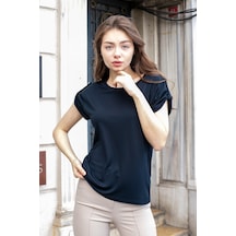 Kadın Modal Penye Geniş Sıfır Yaka Düşük Omuzlu Apoletli Kısa Kol T-shirt Bluz-koyu Lacivert K.lacivert