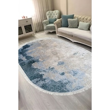 Dijital Baskılı Oval Salon Halısı Kaymaz Yıkanabilir Keçe Taban Saçaklı Vintage 1894m Mavi