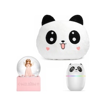 Panda Temalı Dekoratif Tasarıma Sahip Hediye Seti Peluş Panda Yastık + Buhar Makinesi Nemlendirici + Melek Figürlü Kar Küresi Dekoratif Hediye Seti
